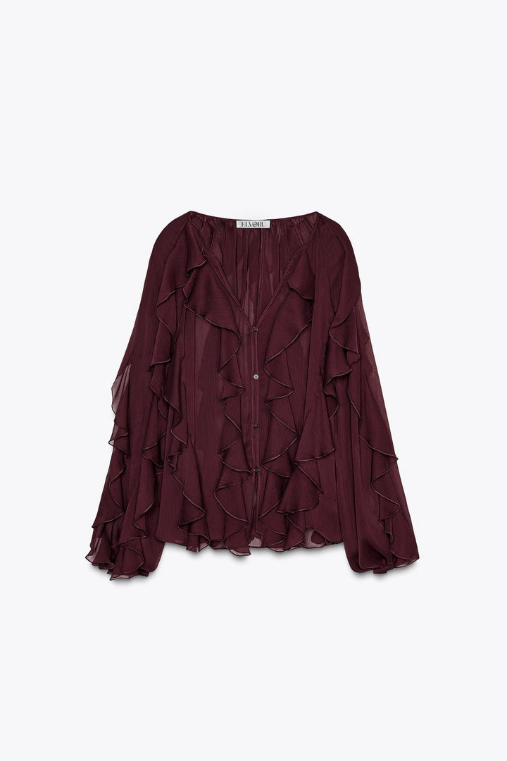 Blouse élégante femme col V volantée tissu léger respirant