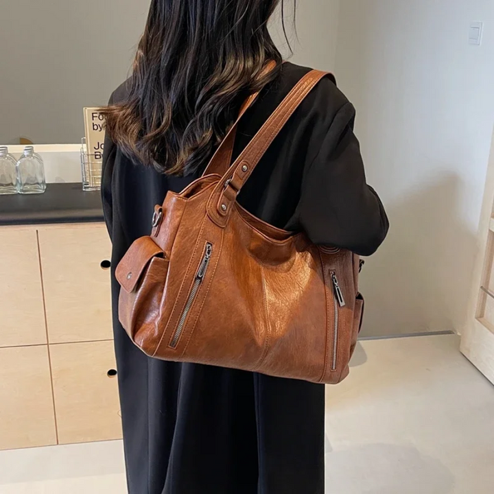 Sac épaule femme cuir végan grand format compartiments organisés élégant