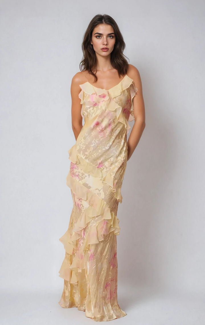 Robe d’été fleurie femme dos nu imprimé floral coupe fluide volantée