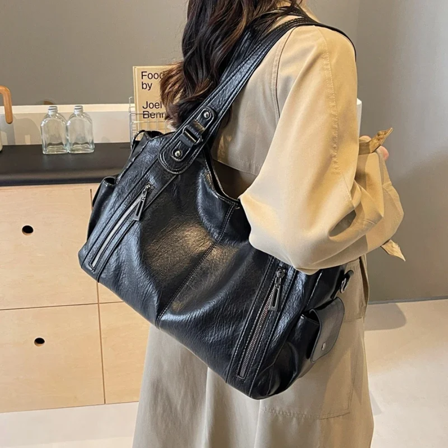 Sac épaule femme cuir végan grand format compartiments organisés élégant