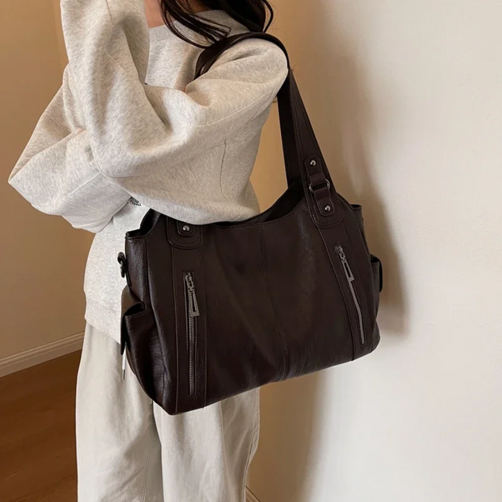 Sac épaule femme cuir végan grand format compartiments organisés élégant