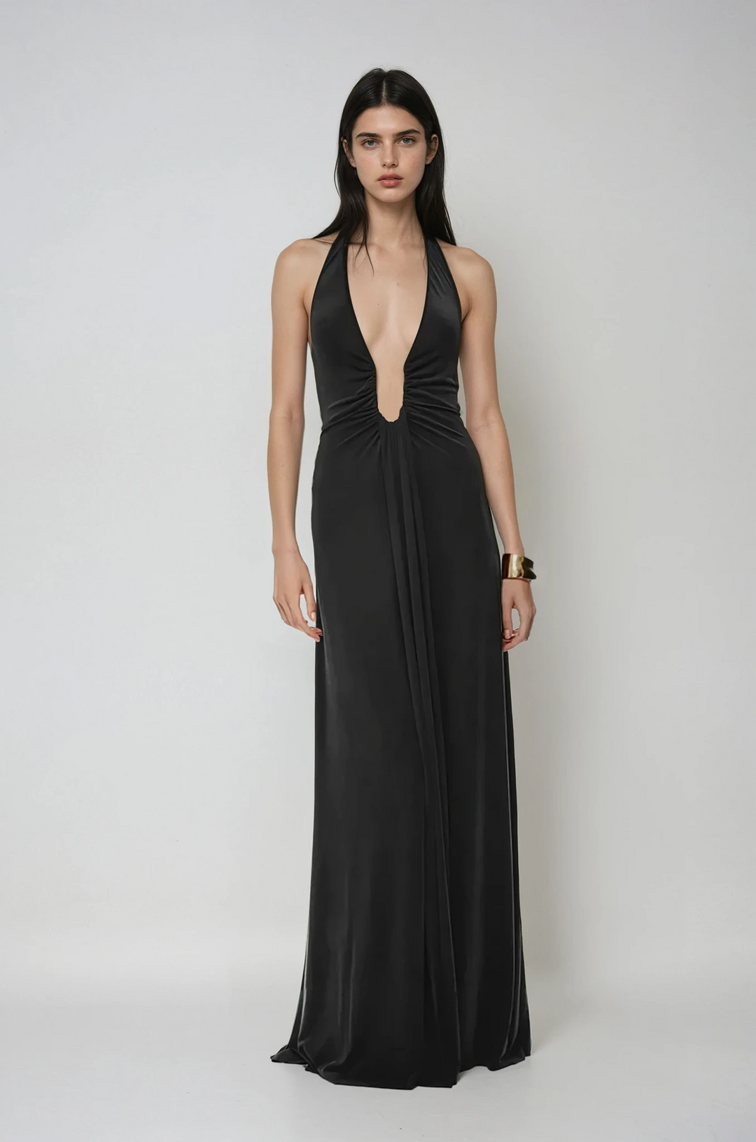 Robe longue ivoire femme décolleté profond armature tissu fluide cupro