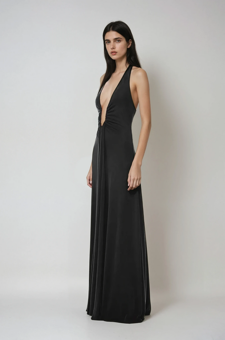 Robe longue ivoire femme décolleté profond armature tissu fluide cupro
