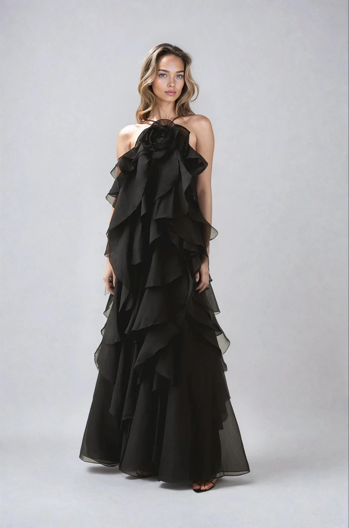 Robe longue élégante femme col halter volants coupe fluide aérienne
