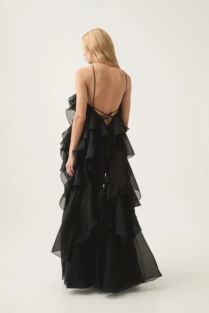 Robe longue élégante femme col halter volants coupe fluide aérienne
