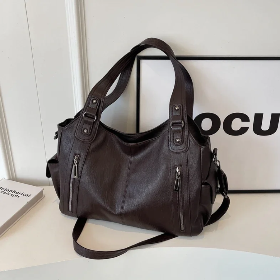 Sac épaule femme cuir végan grand format compartiments organisés élégant