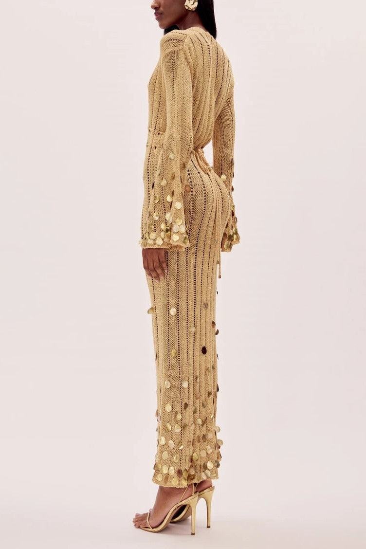 Robe élégante femme décolleté profond taille ajustable manches à sequins