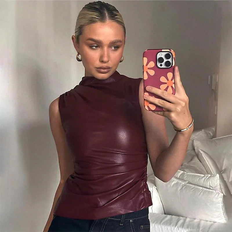 Top en cuir femme coupe ajustée élégant polyvalent