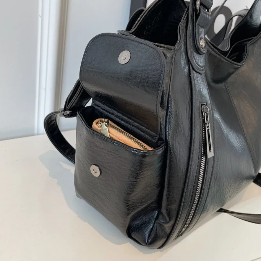 Sac épaule femme cuir végan grand format compartiments organisés élégant