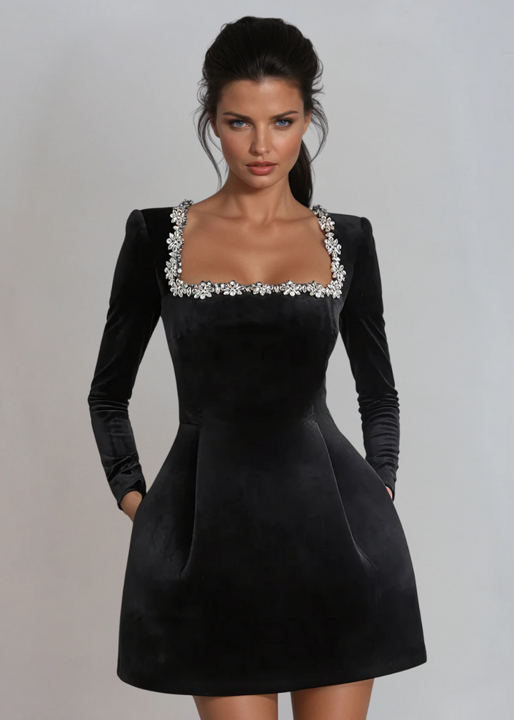 Robe mini en velours femme col carré manches longues coupe évasée