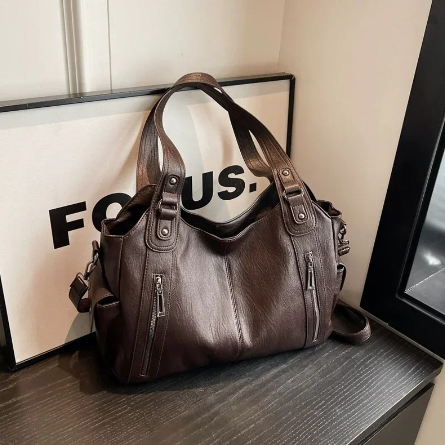 Sac épaule femme cuir végan grand format compartiments organisés élégant