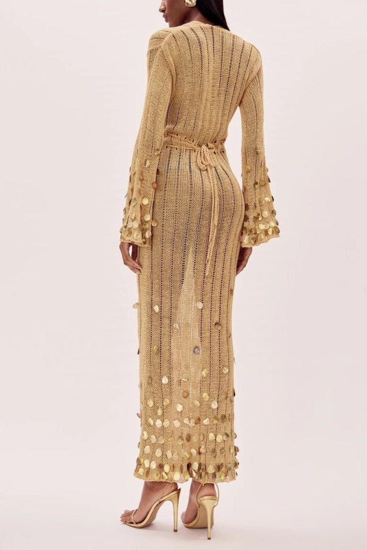 Robe élégante femme décolleté profond taille ajustable manches à sequins