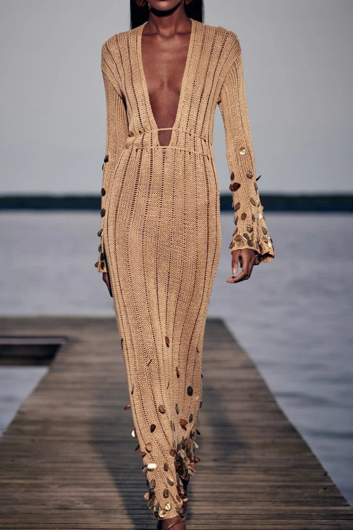 Robe élégante femme décolleté profond taille ajustable manches à sequins