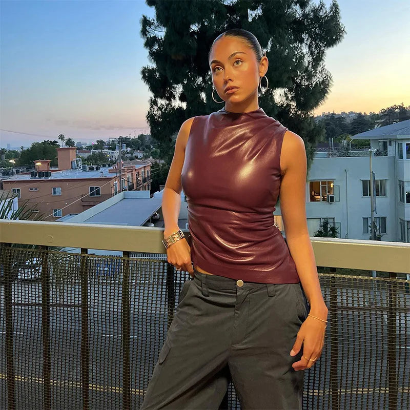 Top en cuir femme coupe ajustée élégant polyvalent
