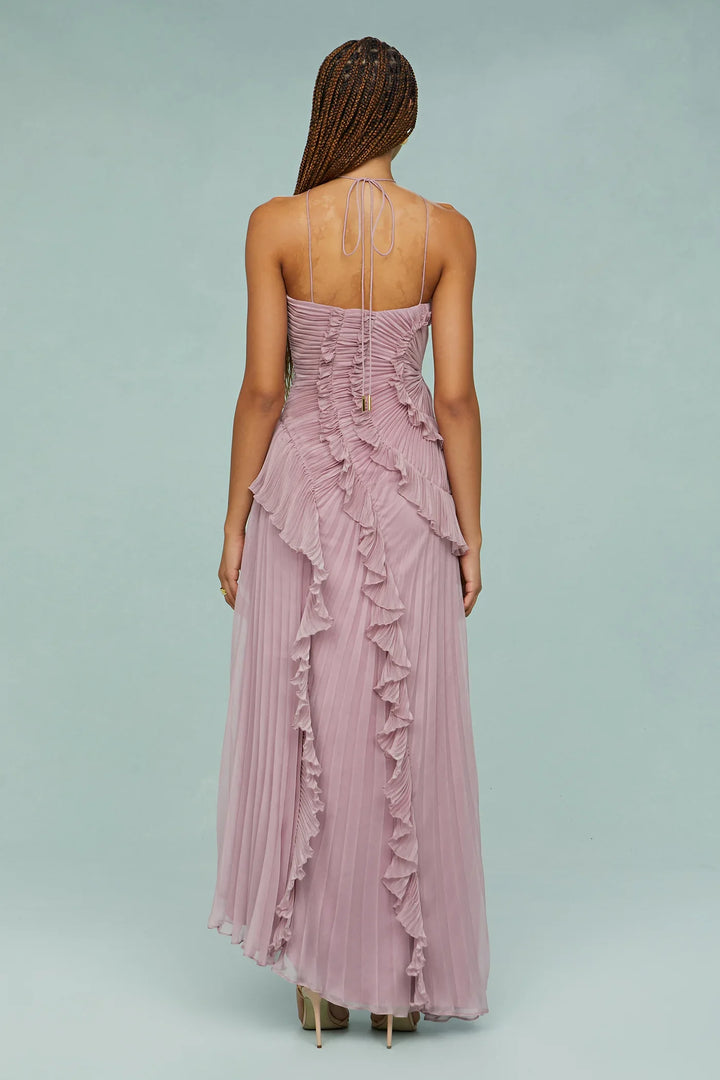 Robe longue lilas femme col halter volants fluides élégants