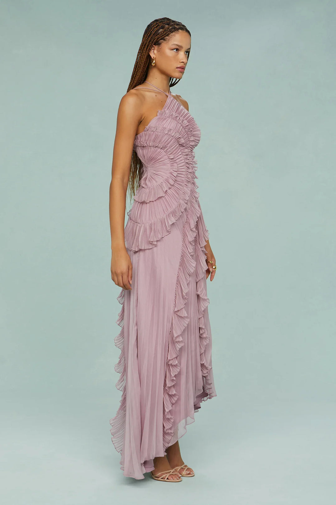 Robe longue lilas femme col halter volants fluides élégants