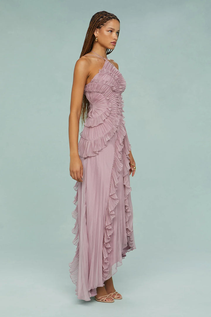 Robe longue lilas femme col halter volants fluides élégants