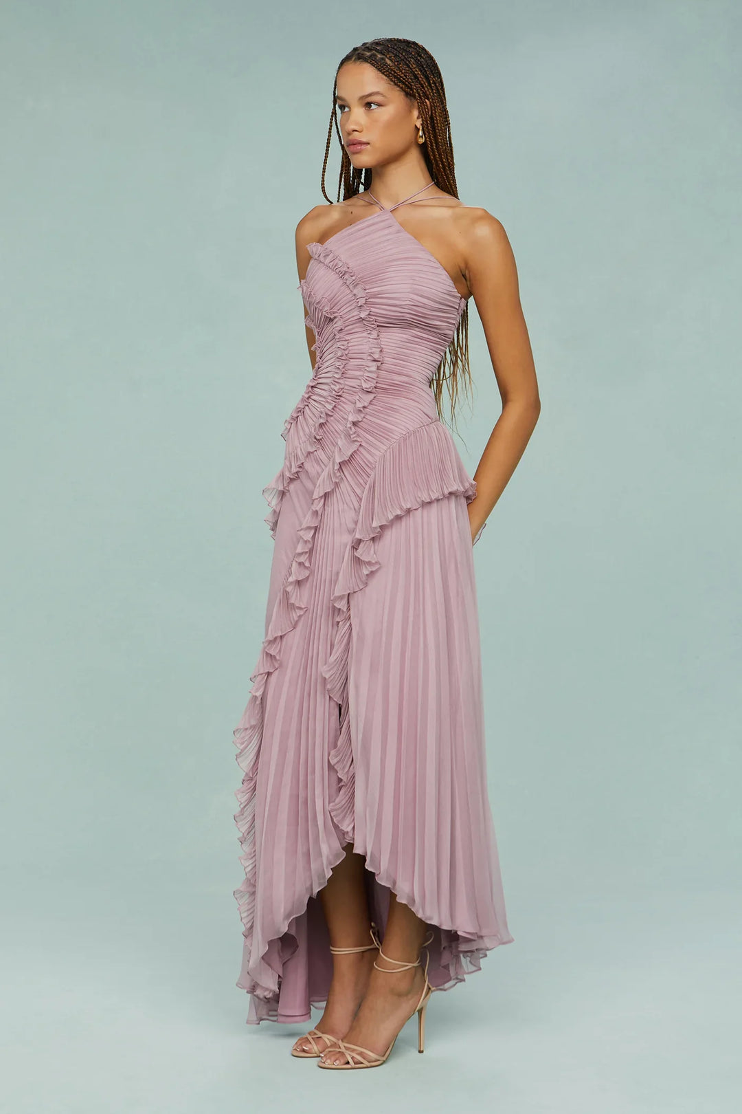 Robe longue lilas femme col halter volants fluides élégants