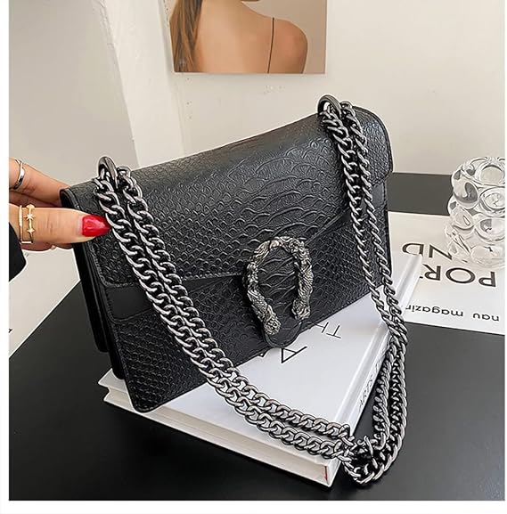 Sac bandoulière femme cuir PU imprimé chaîne élégante format compact