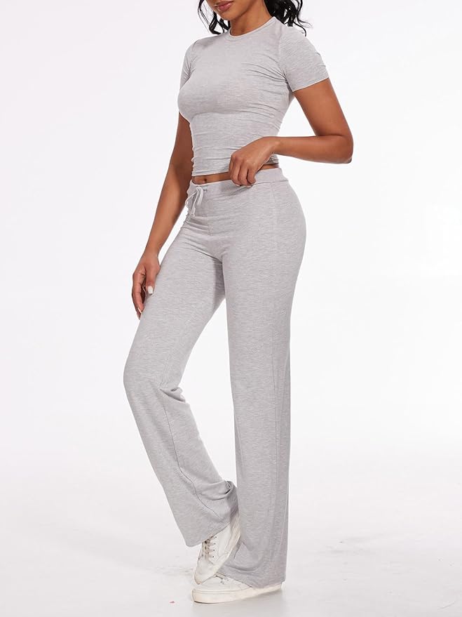 Ensemble deux pièces femme crop top manches courtes pantalon taille haute
