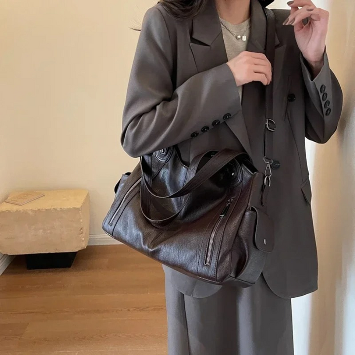 Sac épaule femme cuir végan grand format compartiments organisés élégant