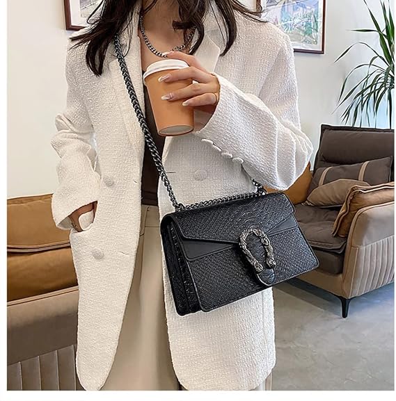 Sac bandoulière femme cuir PU imprimé chaîne élégante format compact