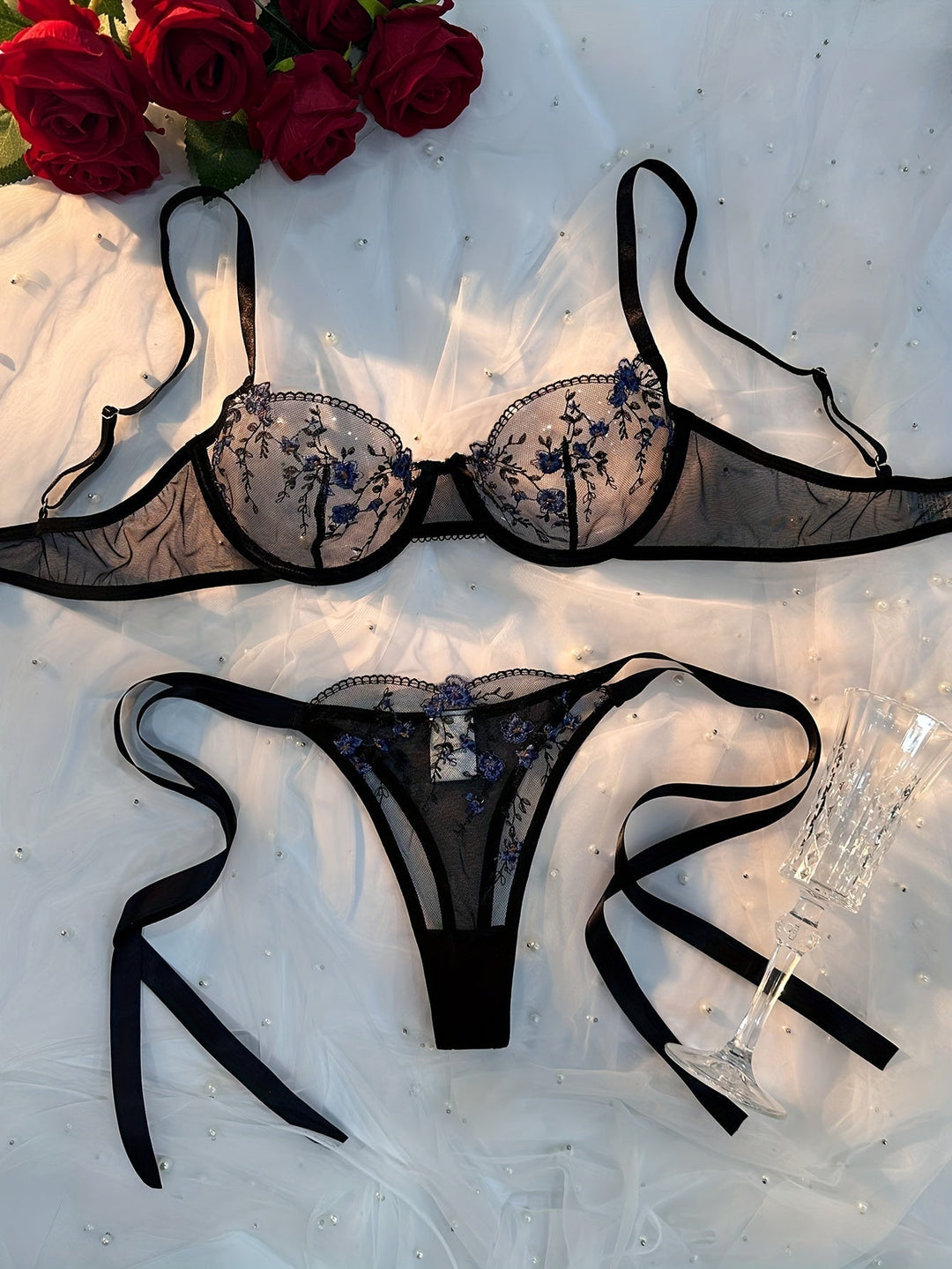 Anya Elegant Black Mesh Lingerie Set: Intricate Embroidery, Sensual Comfort