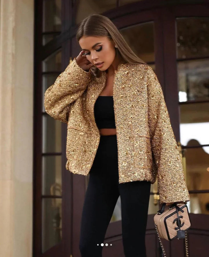 Veste à sequins femme coupe ample col montant élégante