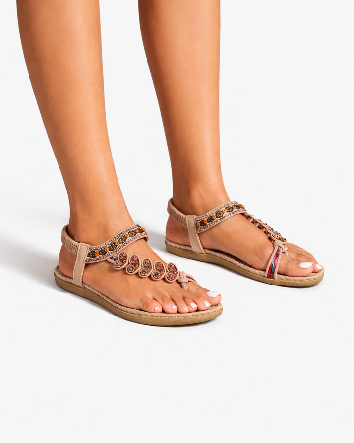 Sandales tongs perlées à motifs floraux avec sangle élastique à la cheville – confort à enfiler