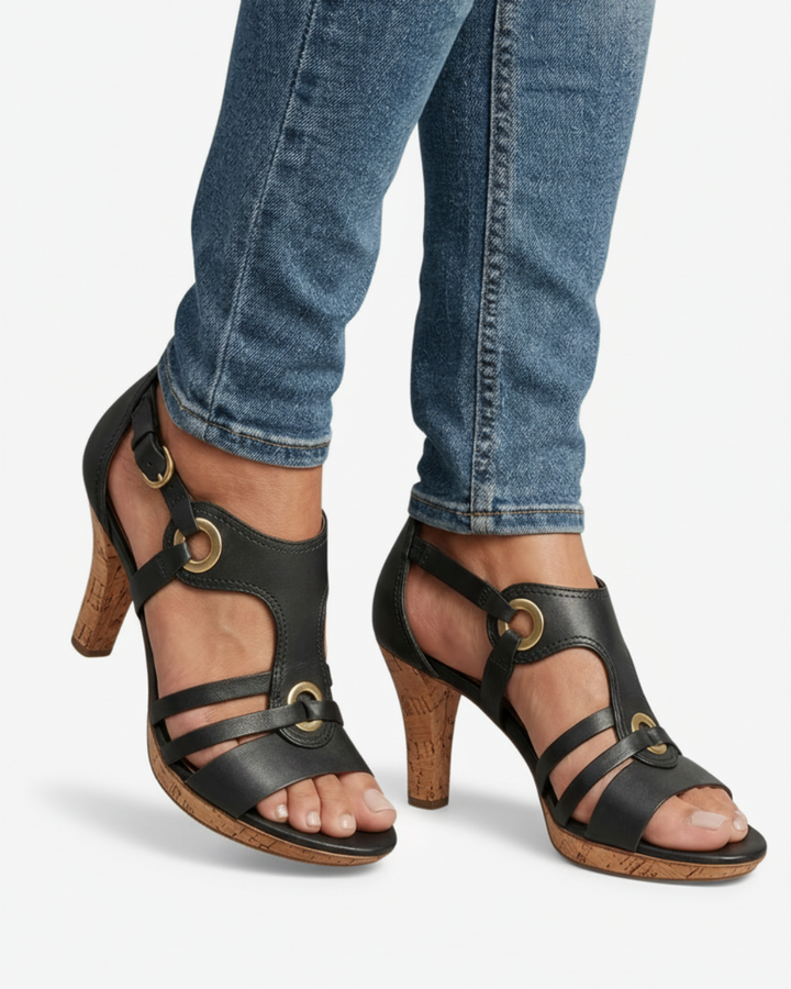 Sandales à talon en liège pour femmes – à bout ouvert avec sangle à boucle