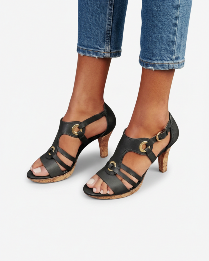 Sandales à talon en liège pour femmes – à bout ouvert avec sangle à boucle