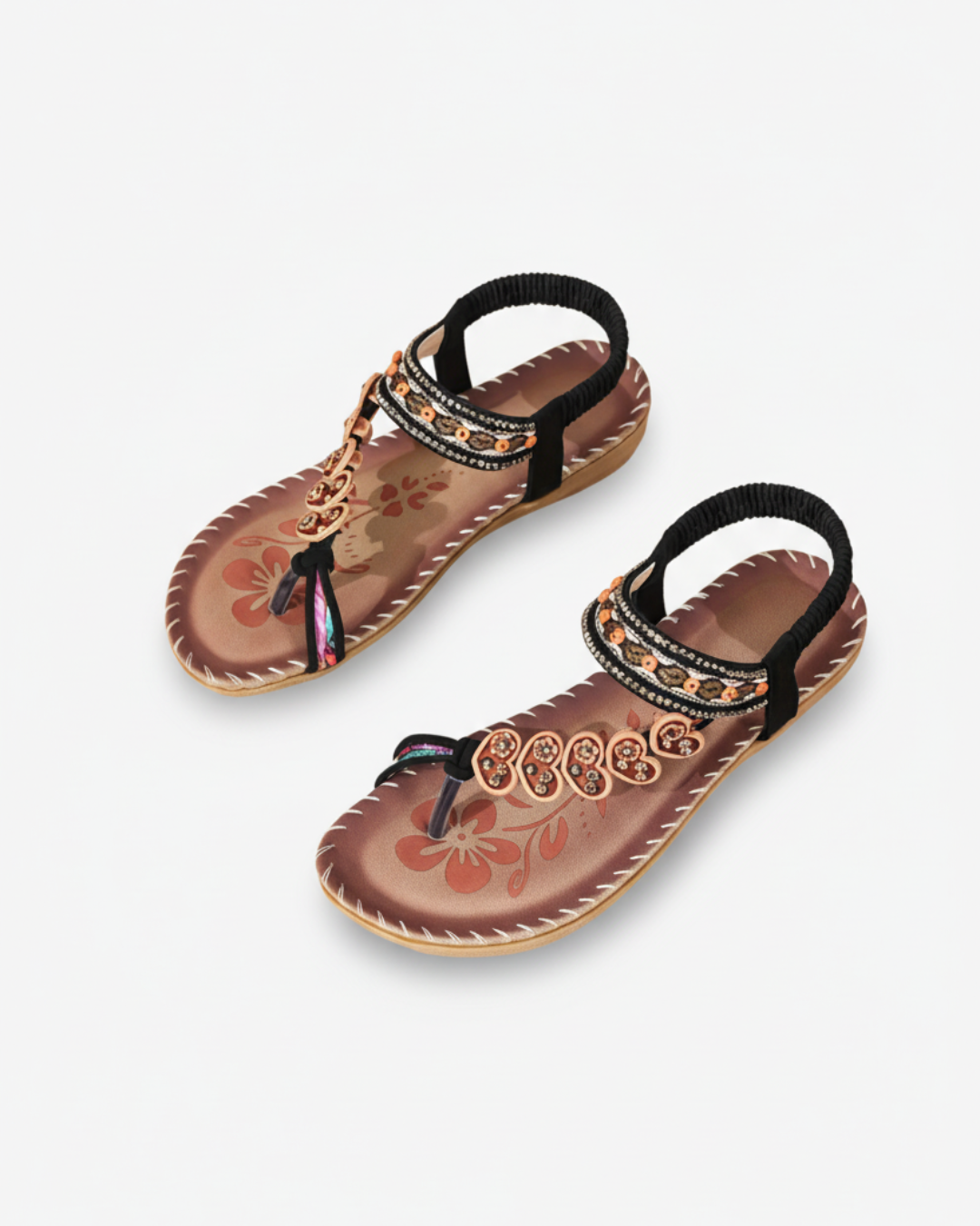 Sandales tongs perlées à motifs floraux avec sangle élastique à la cheville – confort à enfiler