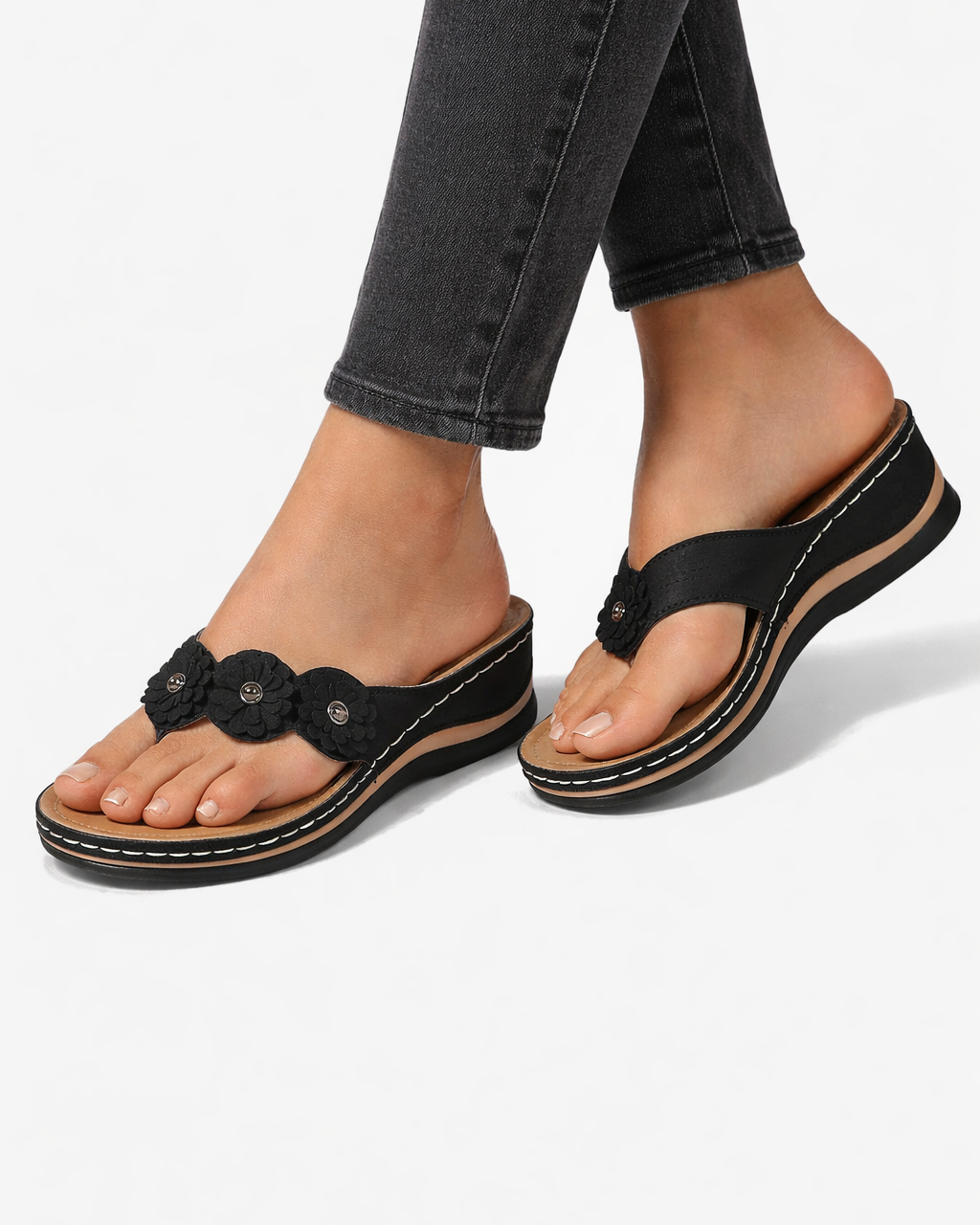 Sandales compensées à brides florales - bout ouvert, à enfiler, style tongs/flip-flop