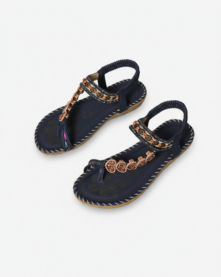 Sandales tongs perlées à motifs floraux avec sangle élastique à la cheville – confort à enfiler