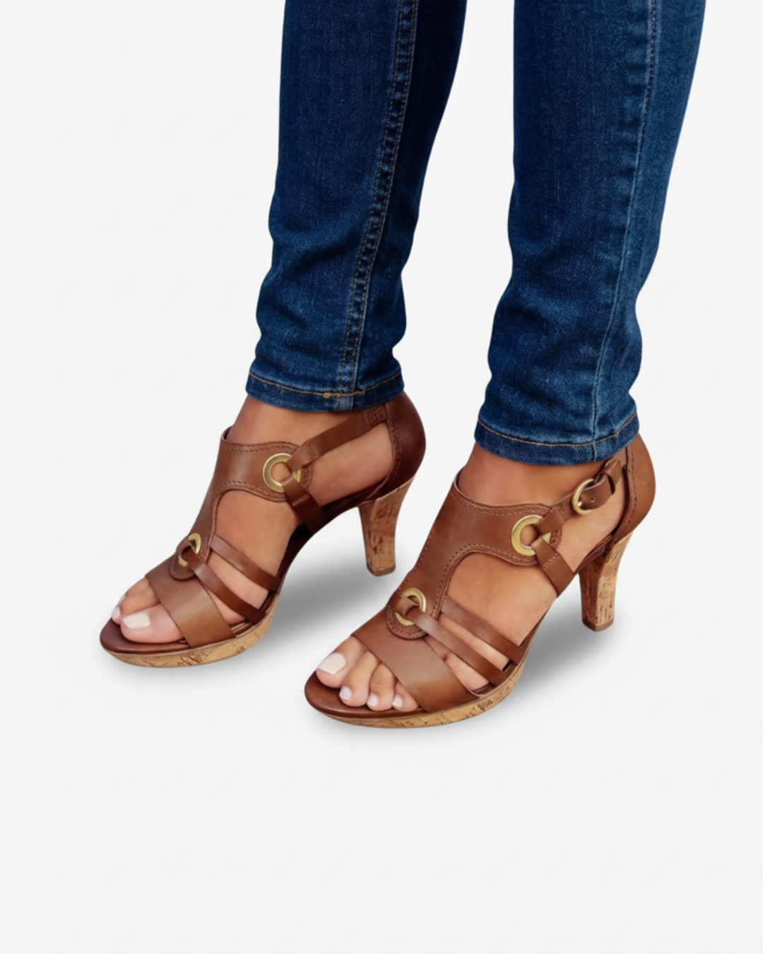 Sandales à talon en liège pour femmes – à bout ouvert avec sangle à boucle