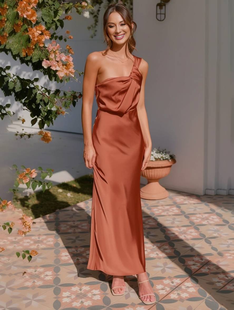 Robe longue satinée femme bustier sans bretelles coupe évasée élégante