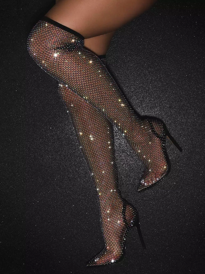 Aura Rhinestone Mesh Pointed Heels – Sparkling Embellishment, Breathable Design