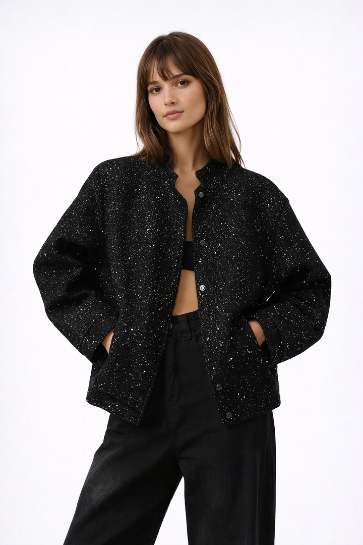 Veste à sequins femme coupe ample col montant élégante