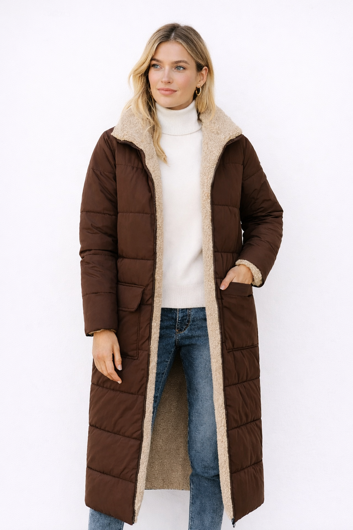 Manteau long réversible femme élégant et chaud pour l’hiver