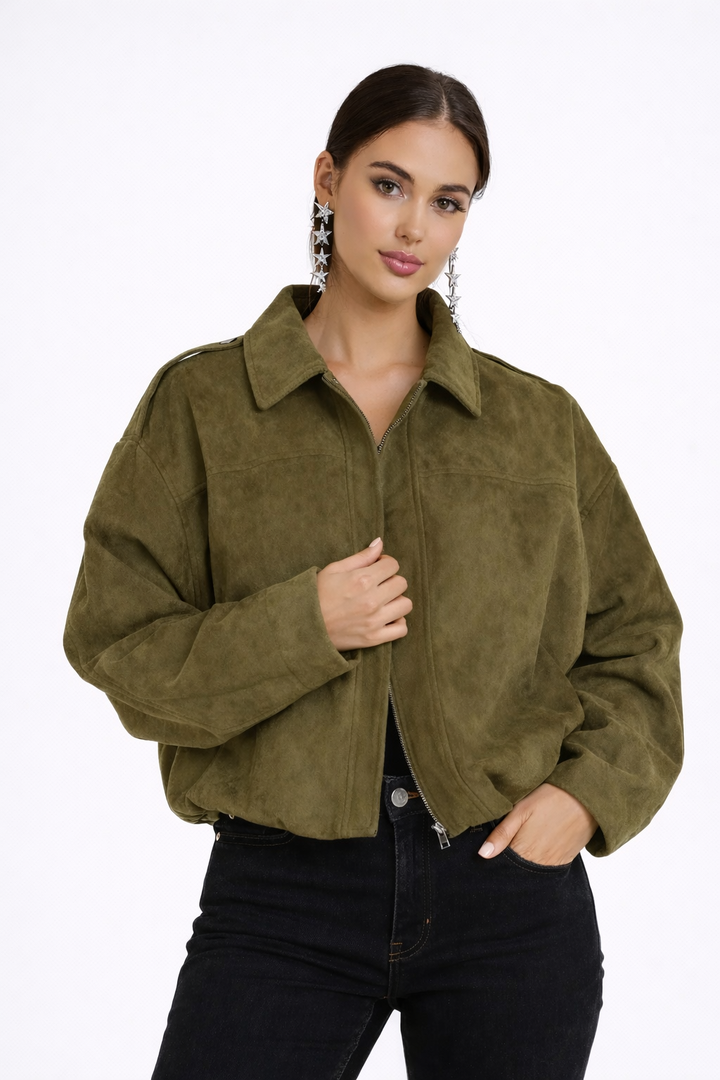 Veste pilote femme en suédine à manches chauve-souris coupe ample