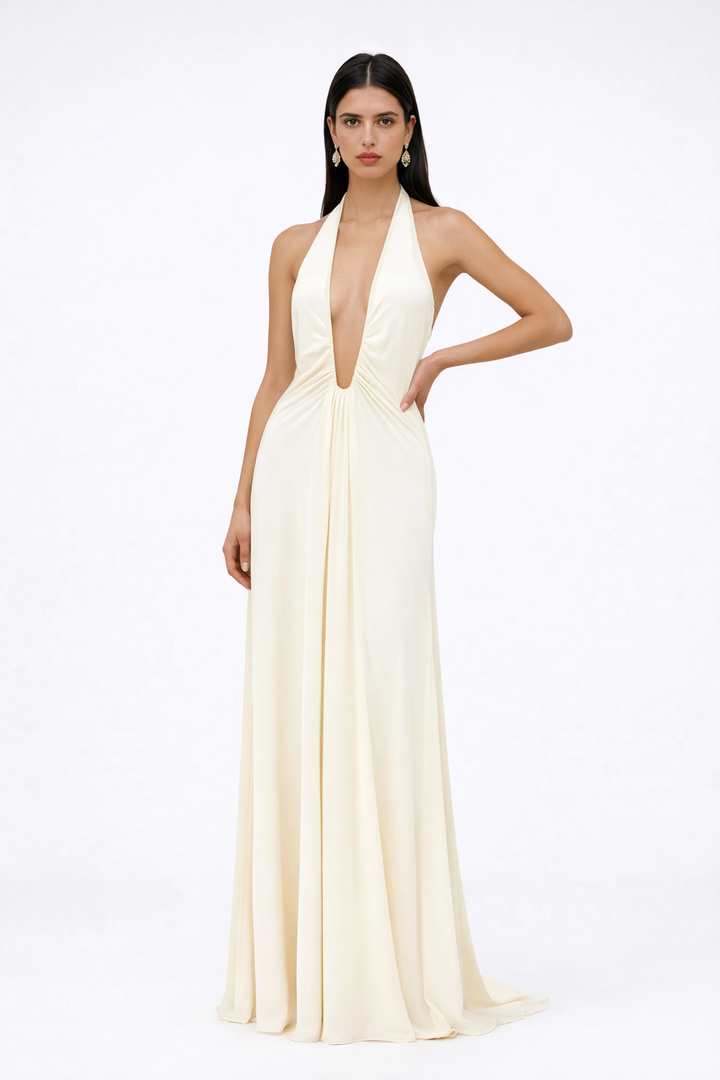 Robe longue ivoire femme décolleté profond armature tissu fluide cupro
