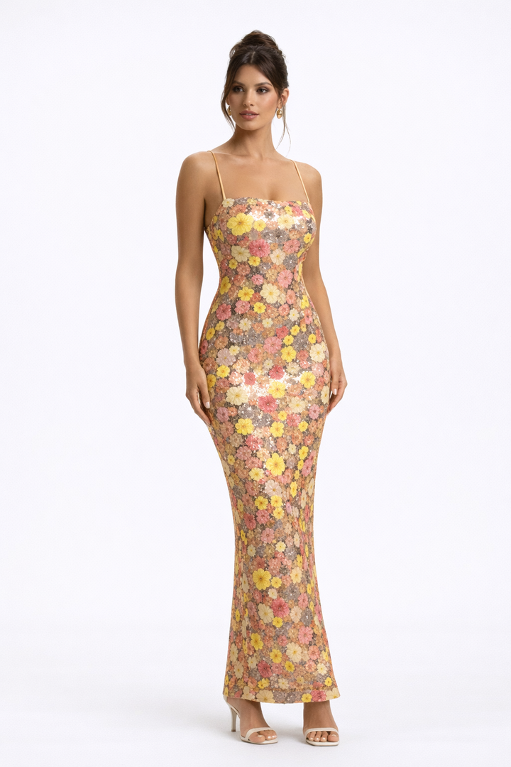Robe longue à sequins femme motifs floraux fente latérale élégante