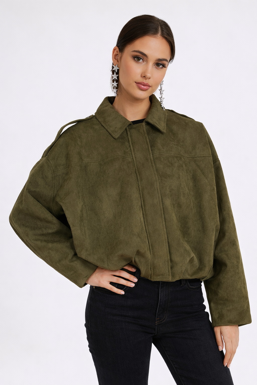 Veste pilote femme en suédine à manches chauve-souris coupe ample