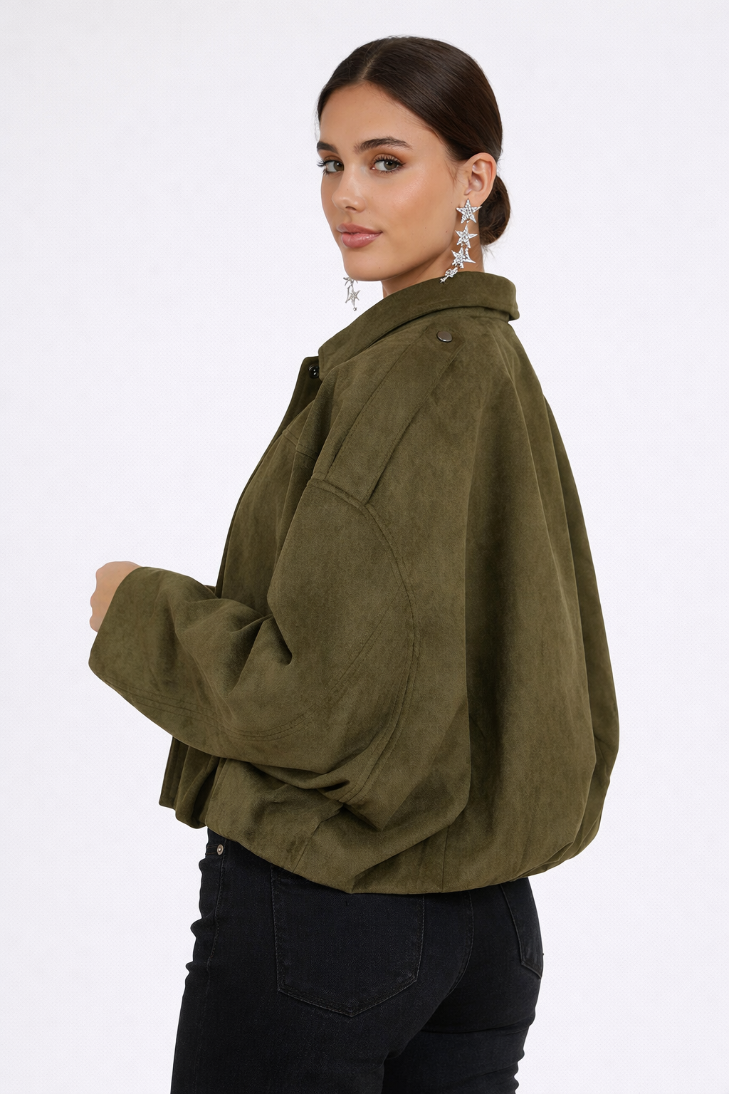 Veste pilote femme en suédine à manches chauve-souris coupe ample