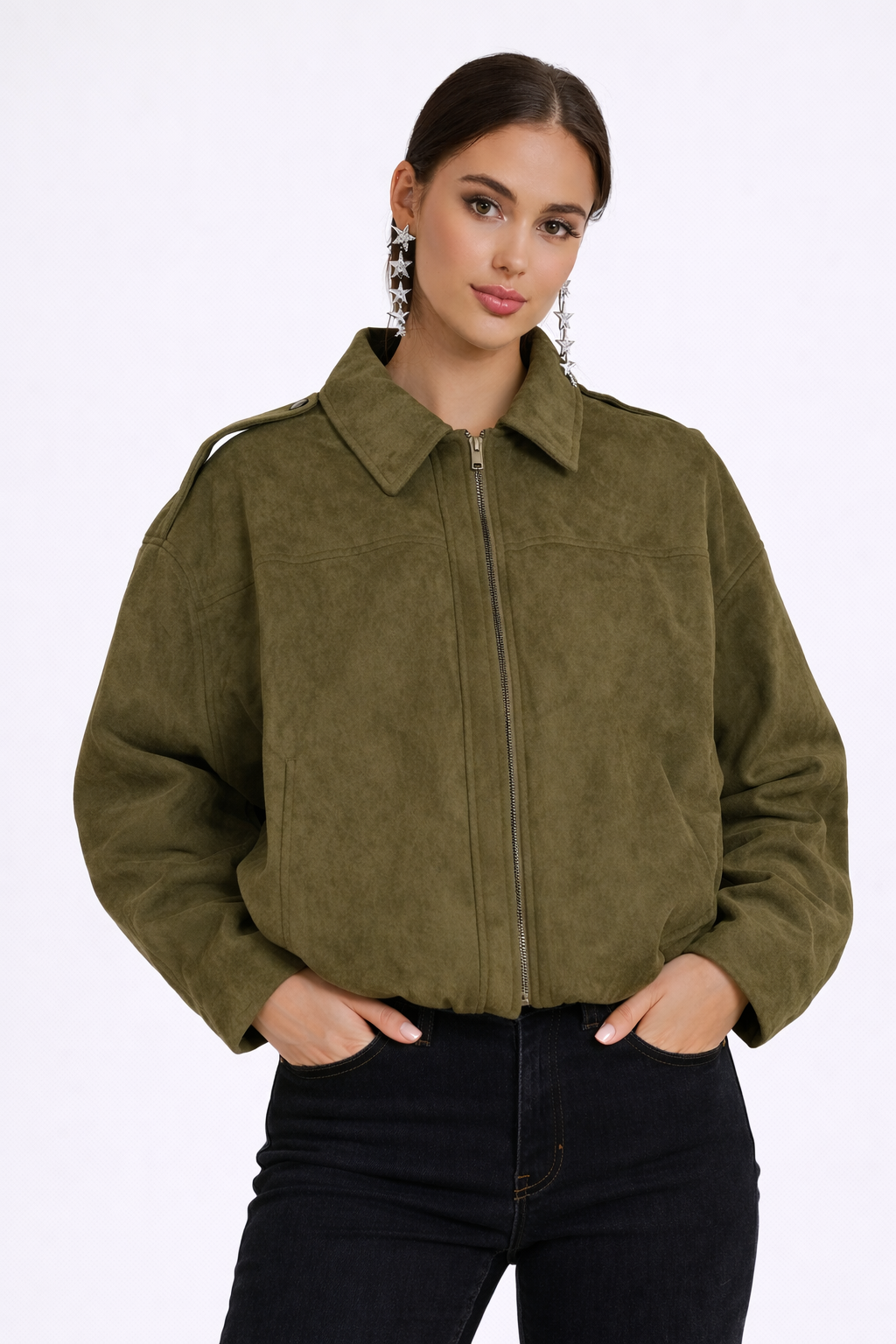Veste pilote femme en suédine à manches chauve-souris coupe ample