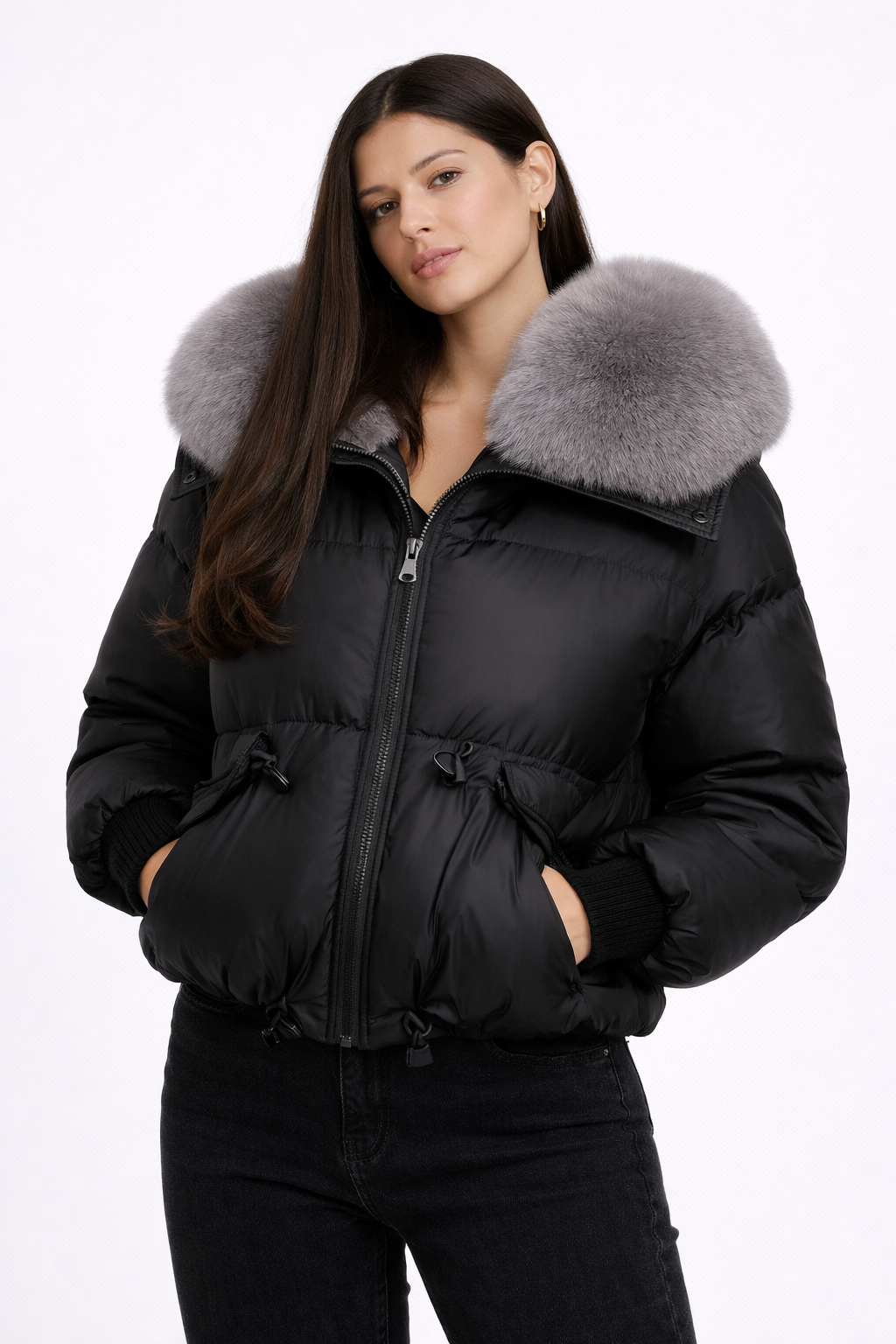 Doudoune légère femme à col en fausse fourrure et capuche