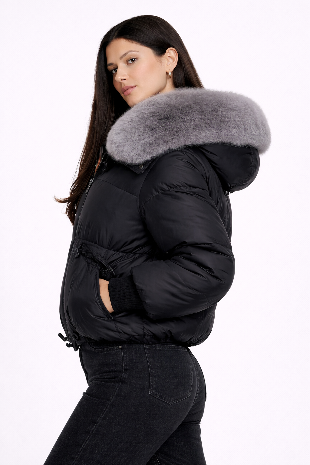 Doudoune légère femme à col en fausse fourrure et capuche