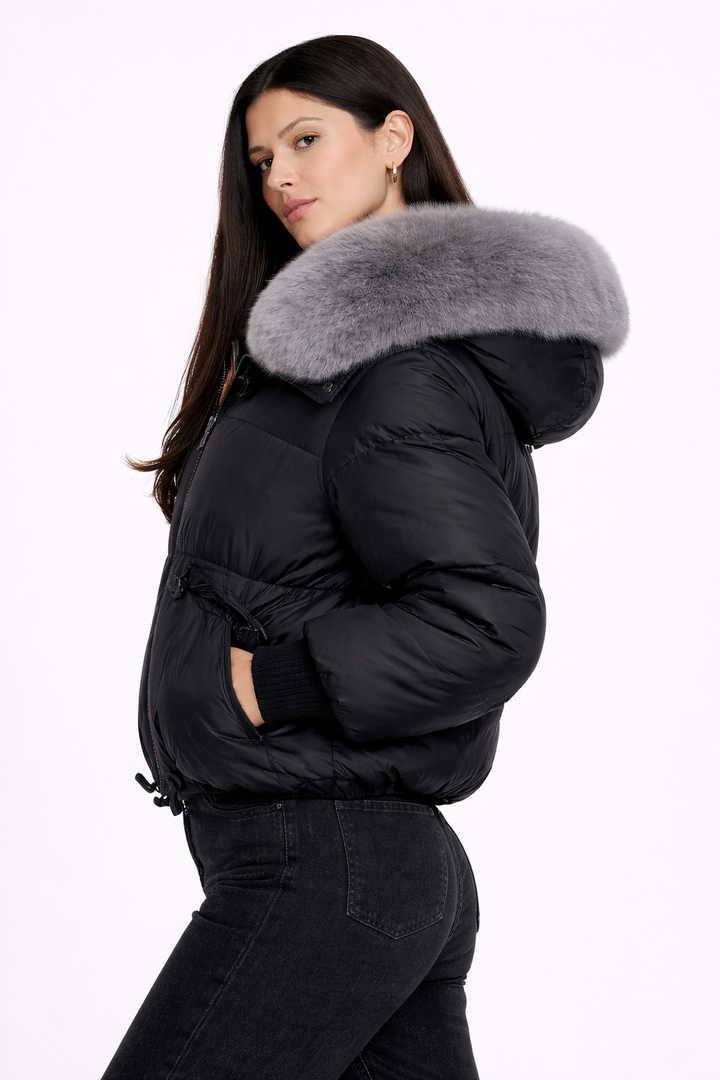 Doudoune légère femme à col en fausse fourrure et capuche