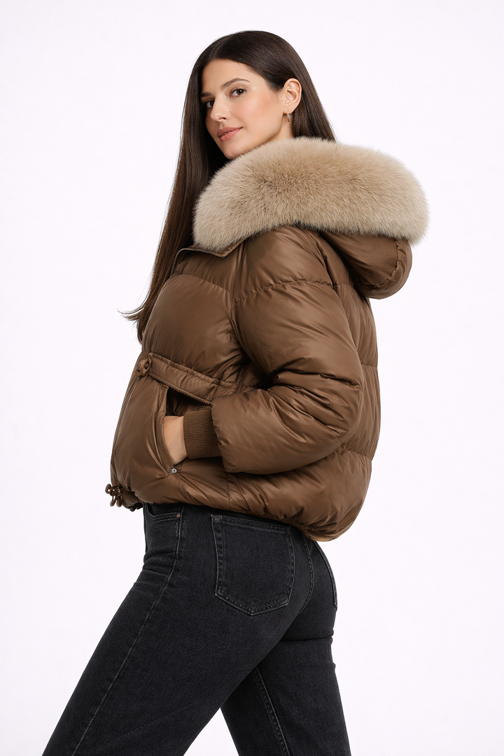 Doudoune légère femme à col en fausse fourrure et capuche