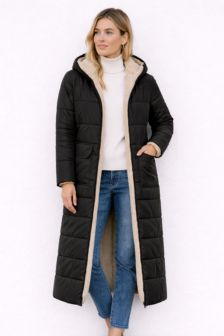 Manteau long réversible femme élégant et chaud pour l’hiver
